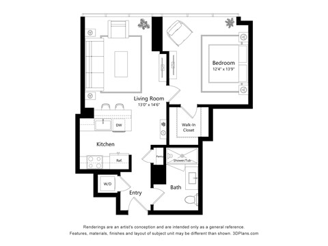 Floor plan for 1 bed, 1 bath, 681 sqft